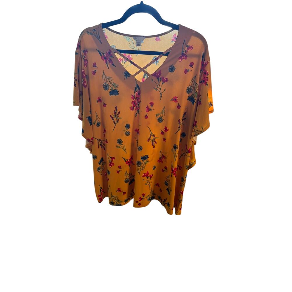 Cato Mustard Yellow Floral Tunic Blouse Women’s Short Sleeve Top Size 18/20